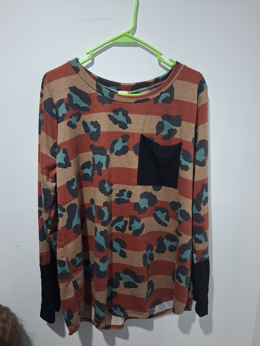 Flamingo Striped Leopard Print Long Sleeve Top with Black Pocket